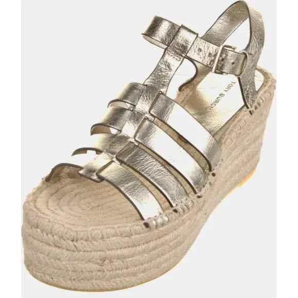 Tory Burch Espadrille Wedge Sandals Spark Gold Metallic Leather New Size 5.5 - Picture 7 of 16